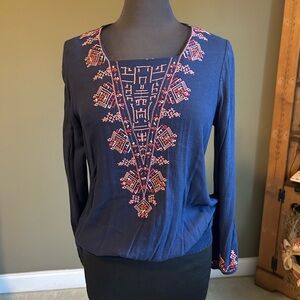 Embroidered Navy Blue Women's Top